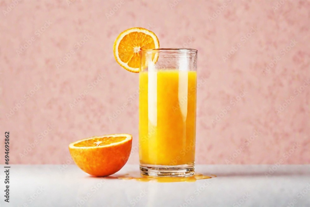 Ripe oranges and a glass of freshly squeezed orange juice on a pink background. Fresh seasonal citrus fruits, natural juice. Ripe oranges and a glass of freshly squeezed orange juice on a pink background. Fresh seasonal citrus fruits, natural juice.