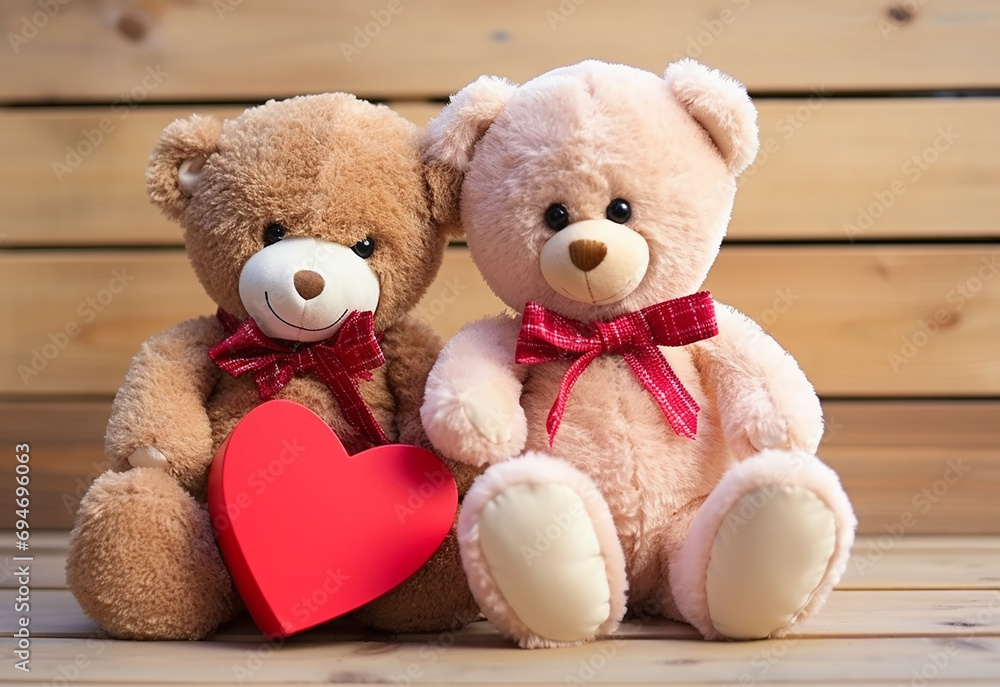 Teddy bear holding a heart-shaped pillow with plank