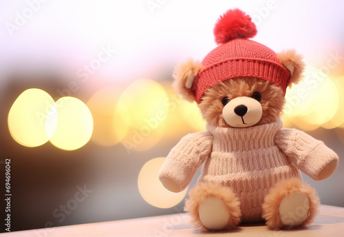 Teddy bear holding a heart-shaped pillow with plank