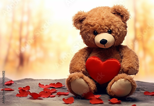 Teddy bear holding a heart-shaped pillow with plank © oneli