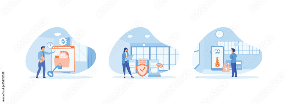Characters using Security Services to Protect Personal Data, performs Cloud Shared Documents security, Server Security and Data Protection. Cyber security set flat vector modern illustration