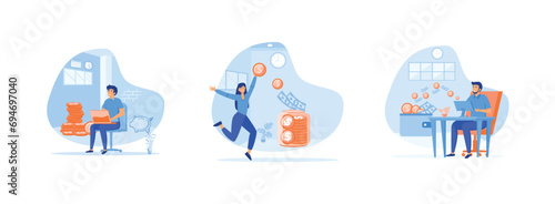 Earn money online, Person saving money, getting, working on desk with computer and money flowing from screen to wallet. Earning money set flat vector modern illustration 