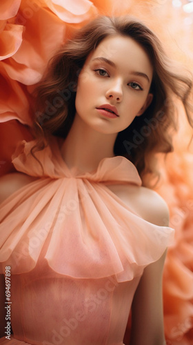 Young woman in 2024 Peach Fuzz color dress.