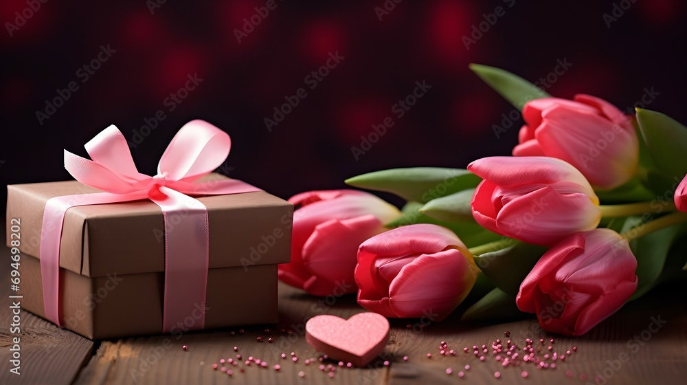 Craft Gift Box with Pink Ribbon and Pink Flowers on a Wooden Background Craft Gift Box with Pink Ribbon and Pink Flowers on a Wooden Background