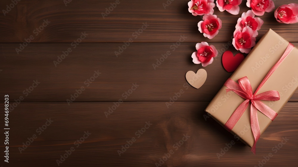 Craft Gift Box with Pink Ribbon and Pink Flowers on a Wooden Background