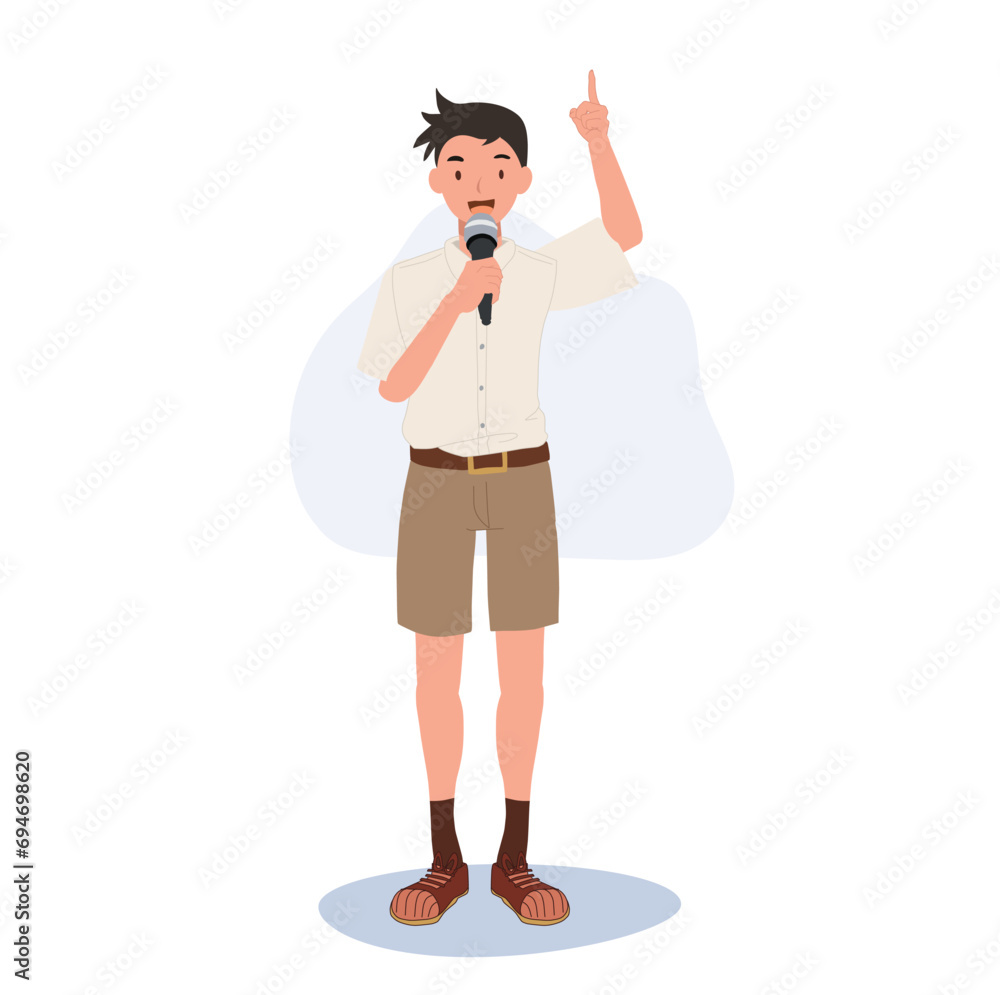 School Speech and Presentation concept. Confident Thai student in School Uniform Speaking with Microphone.