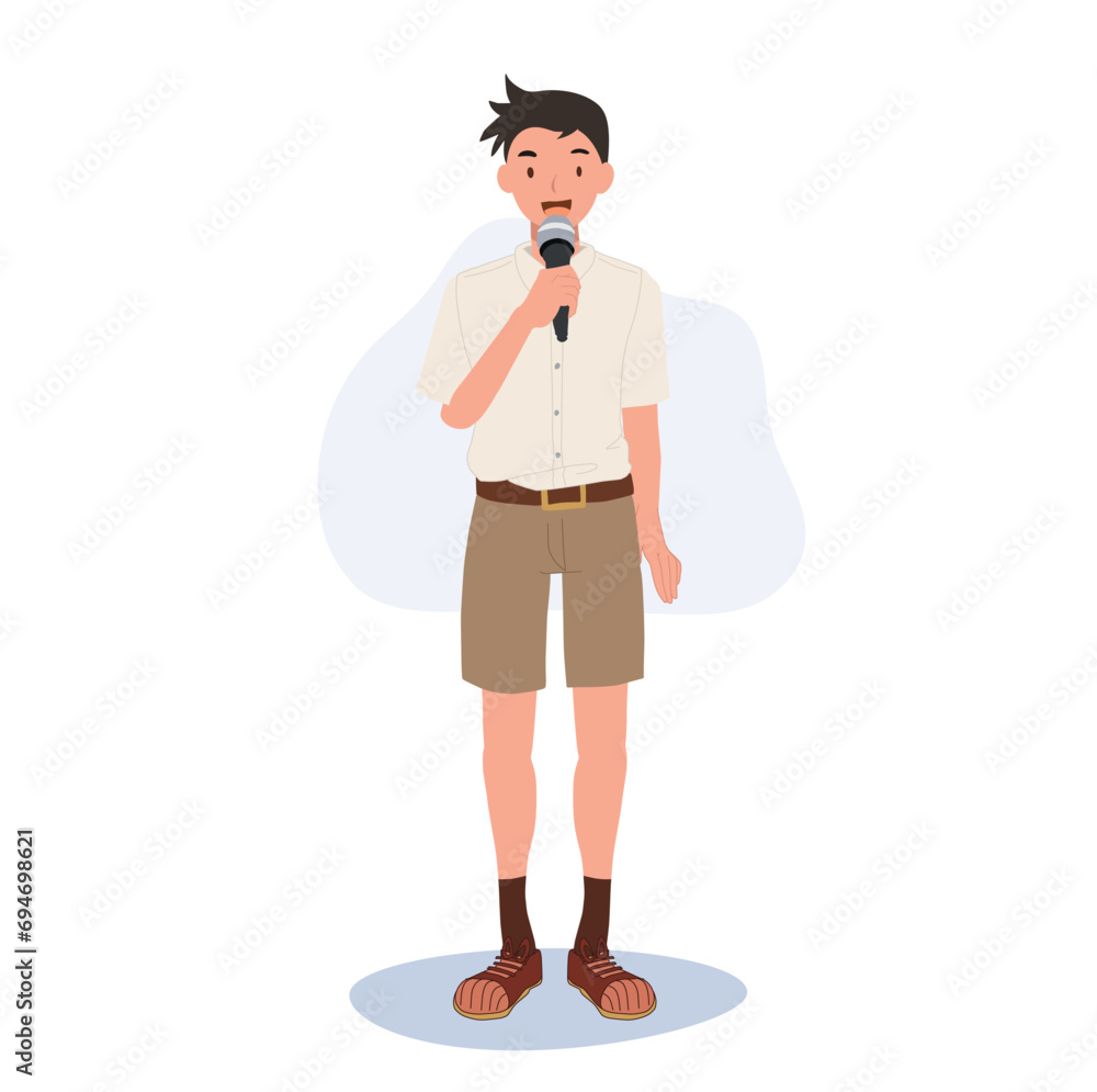 School Speech and Presentation concept. Confident Thai student in School Uniform Speaking with Microphone. School Speech and Presentation concept. Confident Thai student in School Uniform Speaking with Microphone.