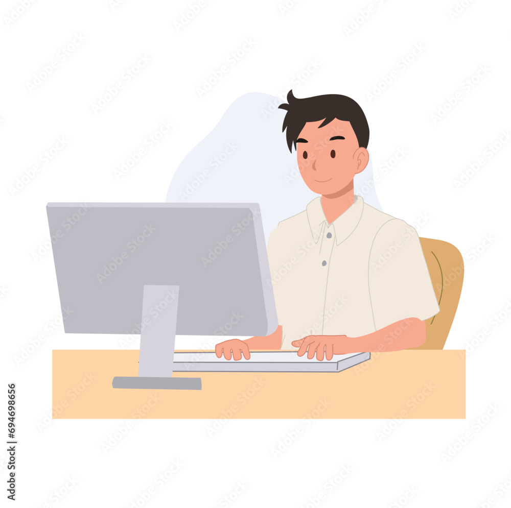 E-Learning Concept, School Technology. Thai Student in Uniform Using computer