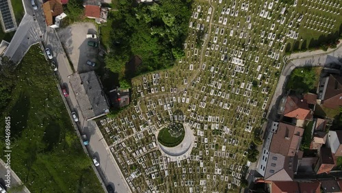 Aerial view of Alija Izzet Begovic cemetery in Bosnia, mausoleums built for dead people photo