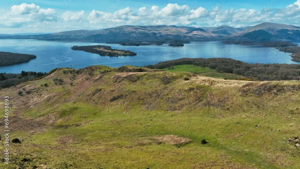 Aerial Over Conic Hill Towards Loch Lomond on Sunny Day, Scottish Hills Aerial Over Conic Hill Towards Loch Lomond on Sunny Day, Scottish Hills