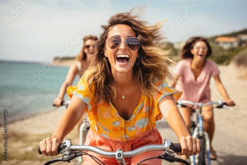 Laughing group of girlfriends riding colorful tandem bikes along scenic coastal path, summer cycling adventure © Nino Lavrenkova