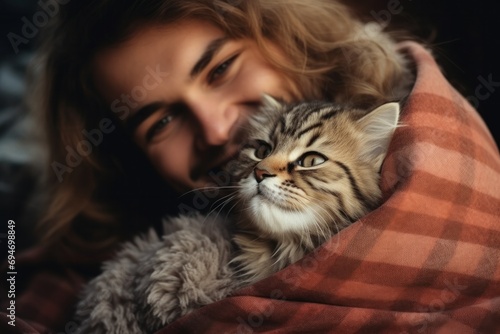 Loving couple cuddling with their two mischievous kittens  cozy living room scene