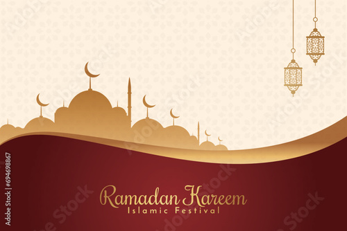 Ramadan Eid Mubarak background greeting card with candles and moon decoration