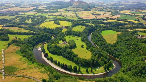 Aerial View Revealing The River Tweed and Eildon Hills in The Scottish Borders, Scotland, United Kingdom photo