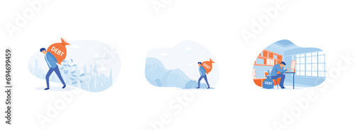 businessman carrying big debt money bag losing money banknotes, Client bears a bag of debt Debtor, Businessman having financial problems. Debt burden set flat vector modern illustration