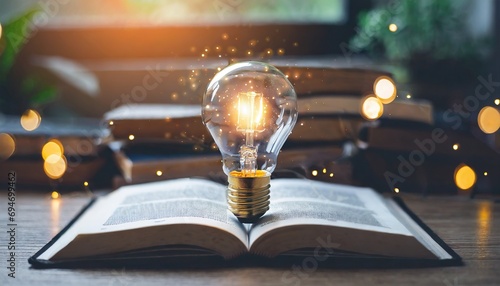  light bulb glowing on book, idea of ​​inspiration from reading, innovation idea concept, Self learning or education knowledge and business studying concept photo