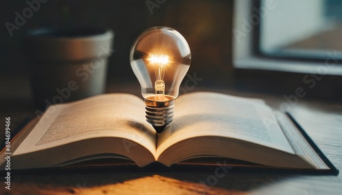  light bulb glowing on book, idea of ​​inspiration from reading, innovation idea concept, Self learning or education knowledge and business studying concept