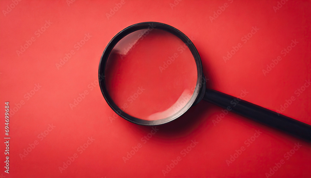 Magnifier magnifying exclamation mark on red background Magnifier magnifying exclamation mark on red background