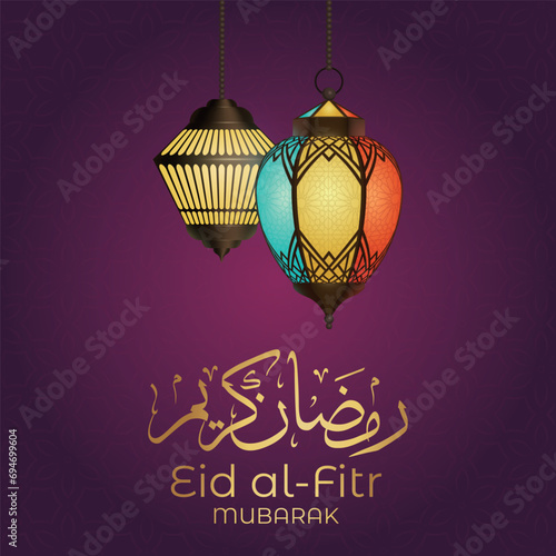 Ramadan Eid Mubarak background greeting card with candles and moon decoration