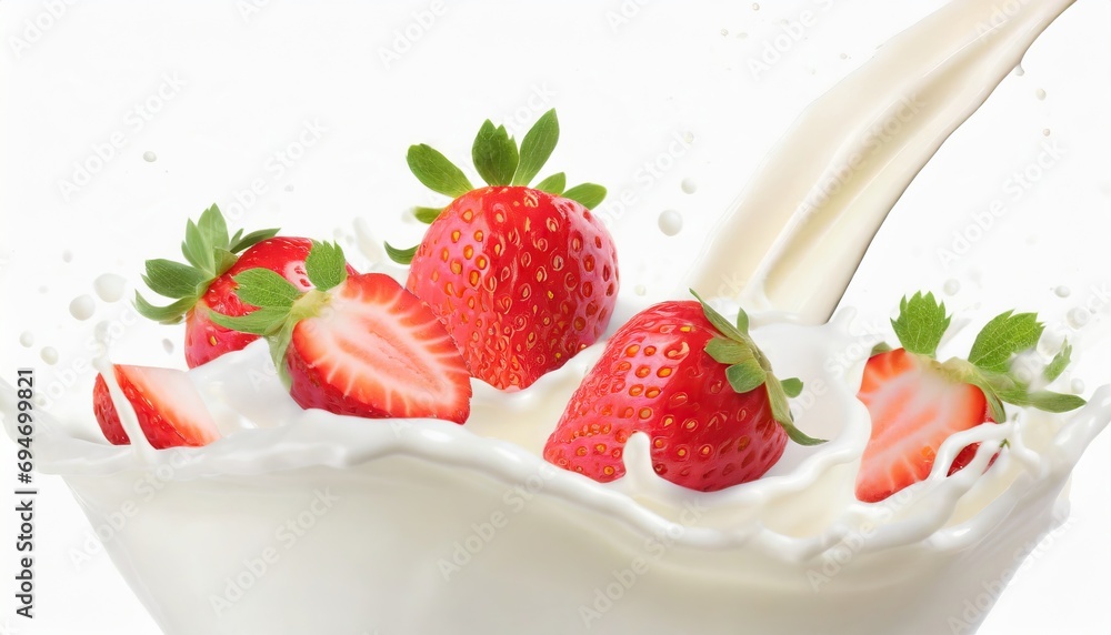  milk or yogurt splash with strawberries isolated on white background 