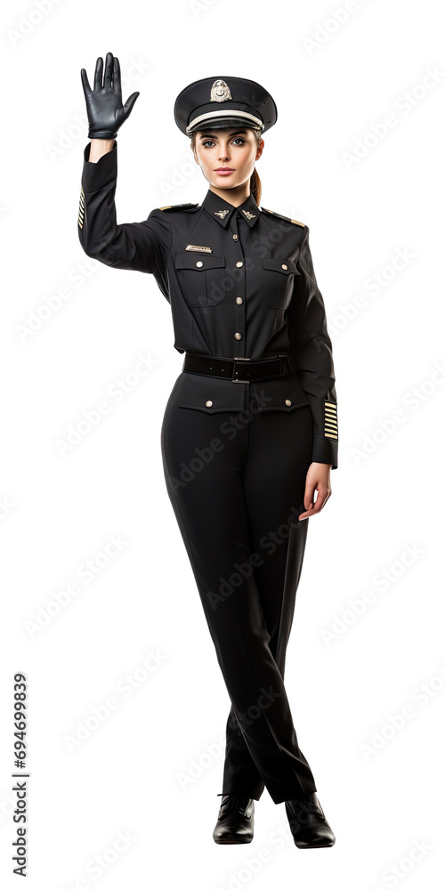 Woman Police Officer Directing Traffic - Commanding and Focused. Isolated on a Transparent Background. Cutout PNG. Woman Police Officer Directing Traffic - Commanding and Focused. Isolated on a Transparent Background. Cutout PNG.