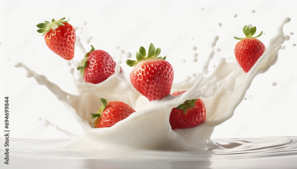 milk or yogurt splash with strawberries isolated on white background milk or yogurt splash with strawberries isolated on white background