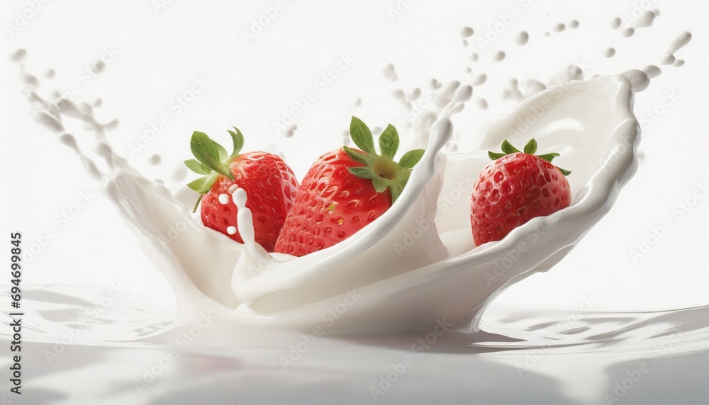 milk or yogurt splash with strawberries isolated on white background milk or yogurt splash with strawberries isolated on white background