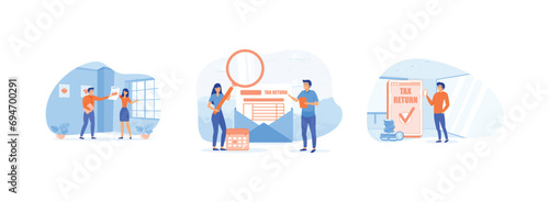 Man and woman tax return business, Tax inspector,  Idea of accounting and payment, Businessman issues tax refund. Tax Return set flat vector modern illustration 