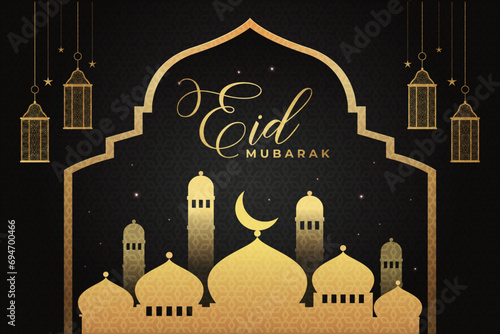 Ramadan Eid Mubarak background greeting card with candles and moon decoration