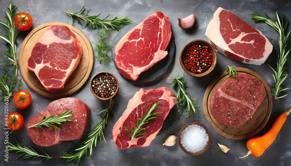 Set of different raw steaks, top view Set of different raw steaks, top view