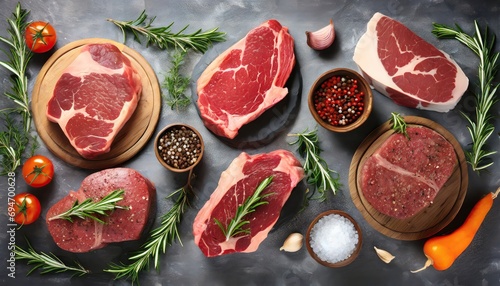  Set of different raw steaks, top view