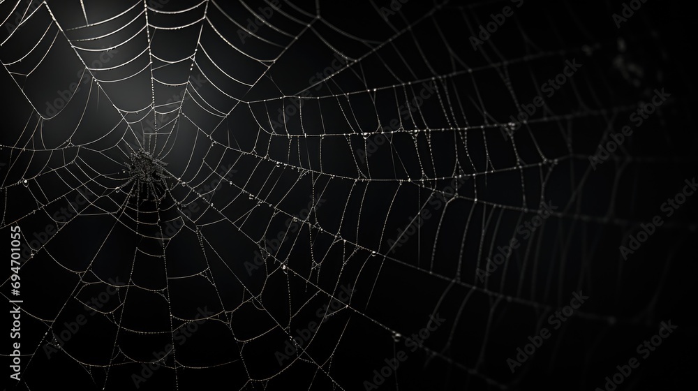 Spider web set isolated on dark background. Spooky Halloween cobwebs with spiders - obrazy, fototapety, plakaty 