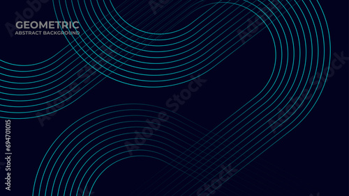Modern dark blue abstract horizontal banner background with glowing geometric lines. Shiny blue diagonal rounded lines pattern. Futuristic concept. Suit for cover, brochure, presentation, flyer, web