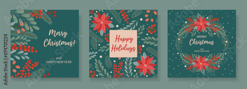 Set three winter festive cards on green background with Christmas text in flat vector style. Hand drawn christmas tree branches, poinsettia, red berries, mistletoe. Holiday seasonal floral decoration