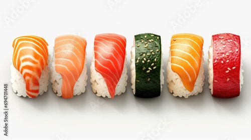 japanese sushi food. Maki ands rolls with tuna, salmon, shrimp, crab and avocado. Top view of assorted sushi. Rainbow sushi roll, uramaki, hosomaki and nigiri