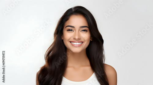 Closeup of young attractive Indian asian woman with long brown hair wearing stylish t-shirt smiling isolated over white background