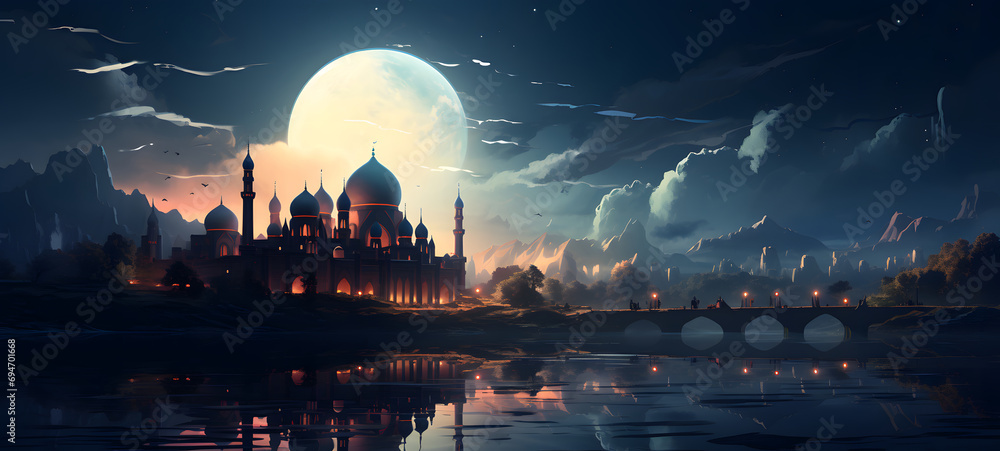 Eid Mubarak, Eid al-Fitr and Ramadan. Illustrations of a holiday, an evening mosque with a crescent moon, for banner background - obrazy, fototapety, plakaty 