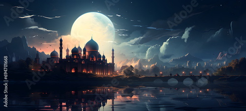 Eid Mubarak, Eid al-Fitr and Ramadan. Illustrations of a holiday, an evening mosque with a crescent moon, for banner background photo