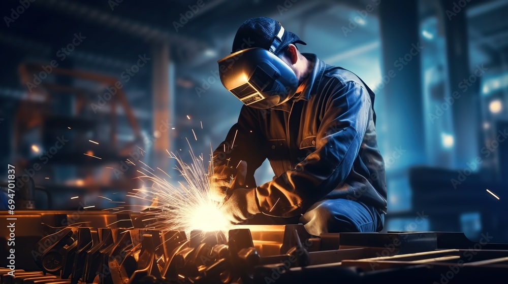 Welder is welding metal in a factory. Men wearing helmets and protective gear for welding metal. Industry concept with bokeh sparkle background. Generative AI Welder is welding metal in a factory. Men wearing helmets and protective gear for welding metal. Industry concept with bokeh sparkle background. Generative AI