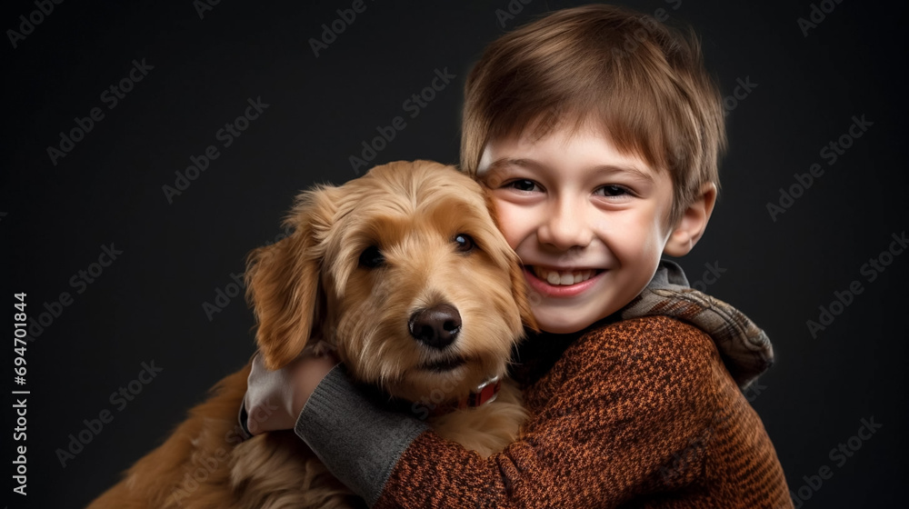 copy space, stockphoto, realistic, National Love Your Pet Day. Little boy hugging his dog. Peaceful scene. Love and friendship between an animal, dog and boy, owner. copy space, stockphoto, realistic, National Love Your Pet Day. Little boy hugging his dog. Peaceful scene. Love and friendship between an animal, dog and boy, owner.