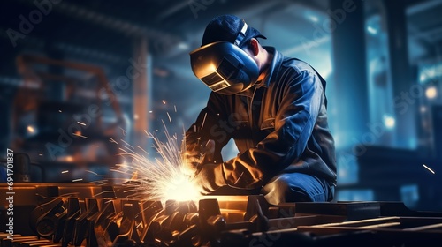 Welder is welding metal in a factory. Men wearing helmets and protective gear for welding metal. Industry concept with bokeh sparkle background. Generative AI