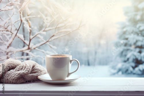 窓辺に置かれたコーヒーと雪景色