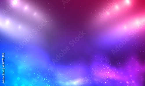 Empty background scene with spotlights and glowing pink and blue smoke environment atmosphere on floor. Rays through the fog. Smoke, fog, reflection of lights. Background with particles. Vector EPS10.