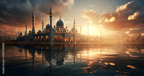 Floating mosque during sunrise.