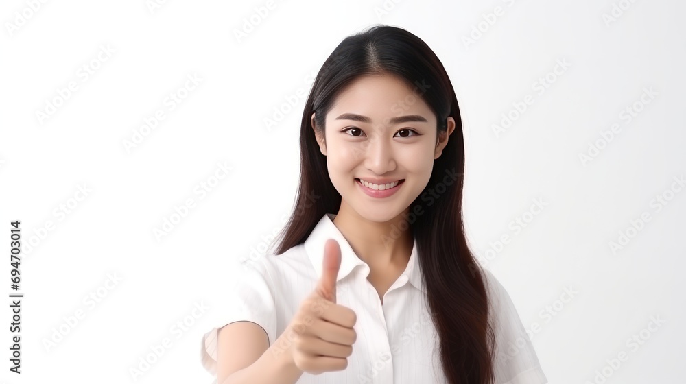asian woman showing thumb up in approval, isolated on white background asian woman showing thumb up in approval, isolated on white background