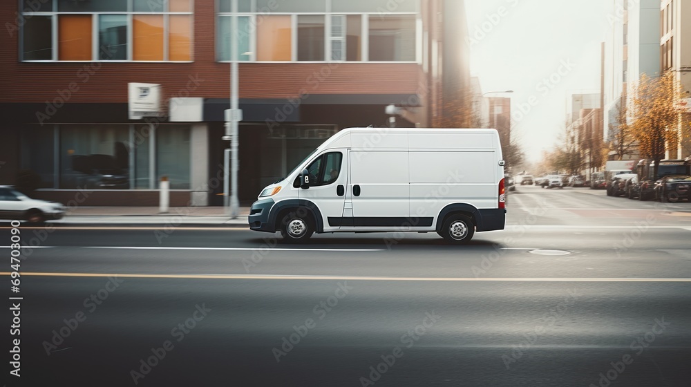 Delivery van delivers fast in a city,Online transportation, delivery concept,