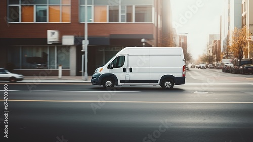 Delivery van delivers fast in a city,Online transportation, delivery concept, © CStock