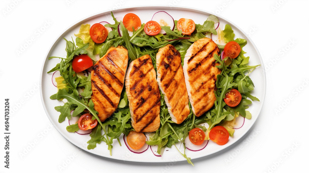 Chicken fillet with salad on wood table. Healthy food. Generative AI. Chicken fillet with salad on wood table. Healthy food. Generative AI.
