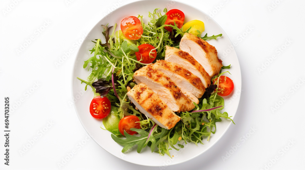 Chicken fillet with salad on wood table. Healthy food. Generative AI.