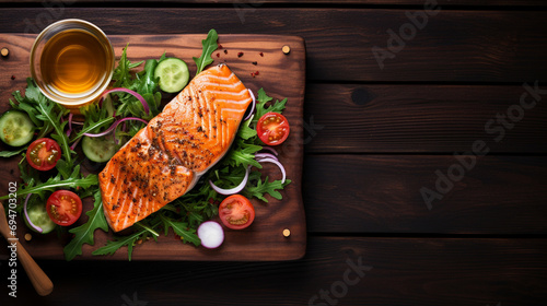 Salmon steak and salad on wood table. Healthy food. Generative AI.